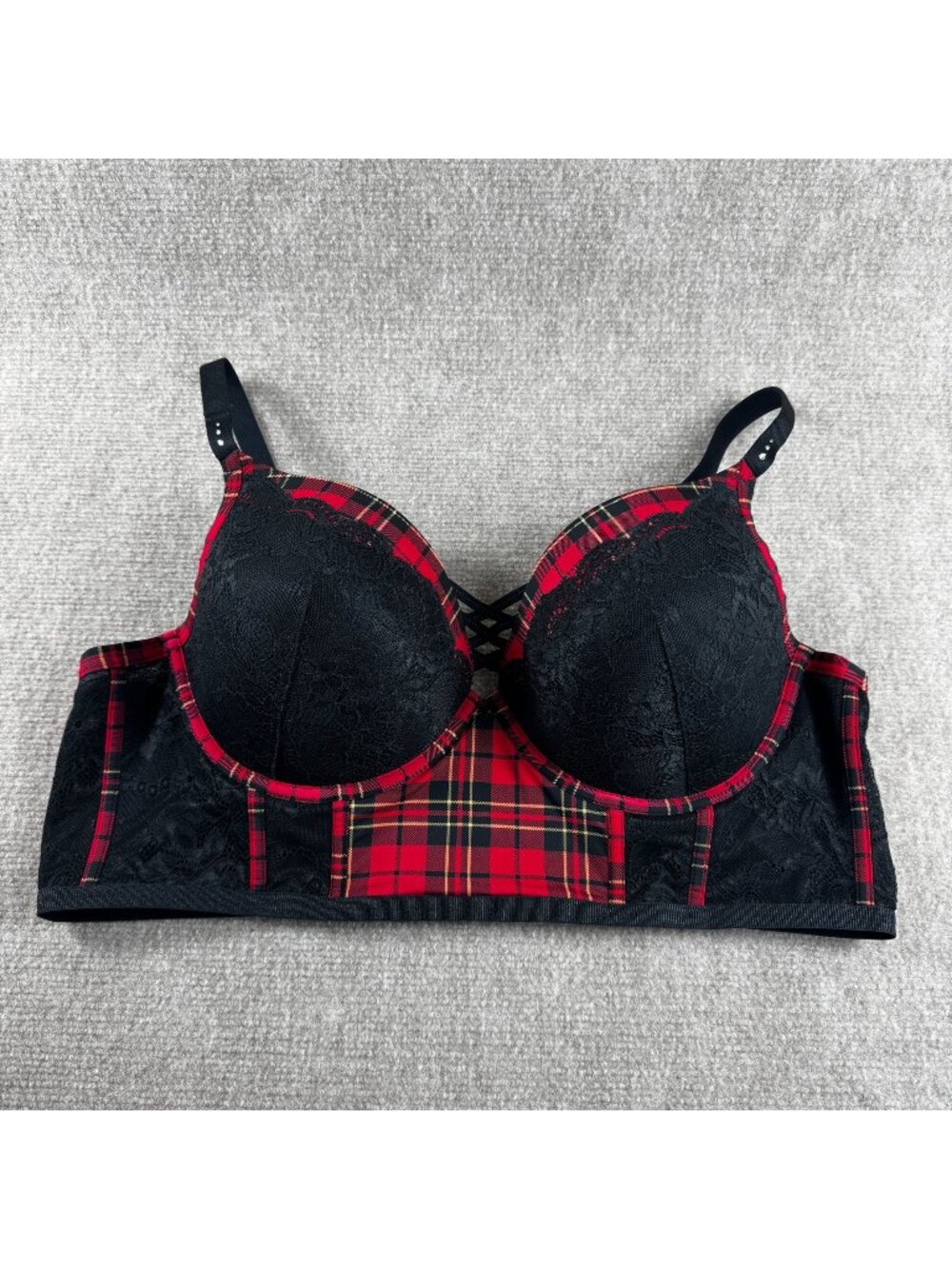 Torrid XO Boost Plunge Push Up Bra 46C Red Black Noelle Plaid Lace Whimsygoth